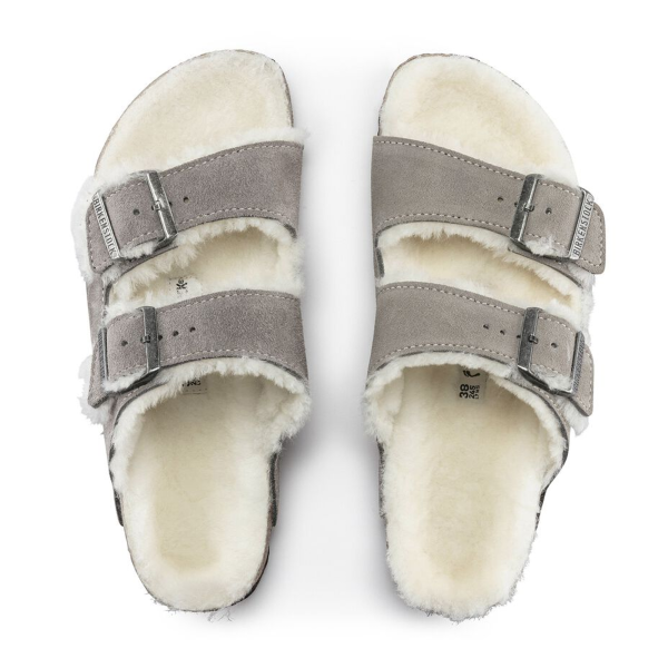 Birkenstock Arizona Slide Sandal (Women) - Stone Coin Suede Natural Shearling Fashion