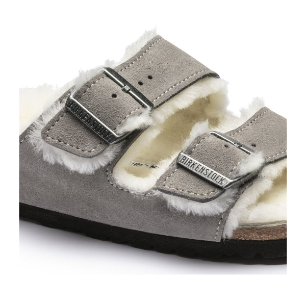 Birkenstock Arizona Slide Sandal (Women) - Stone Coin Suede Natural Shearling Fashion