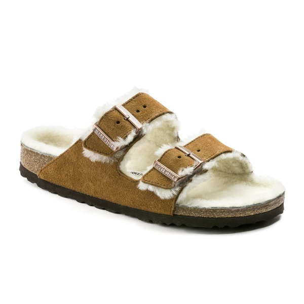 Birkenstock Arizona Slide Sandal (Women) - Mink Suede Natural Shearling Sale