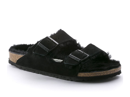 Birkenstock Arizona Slide Sandal (Women) - Black Suede Black Shearling Online Hot Sale