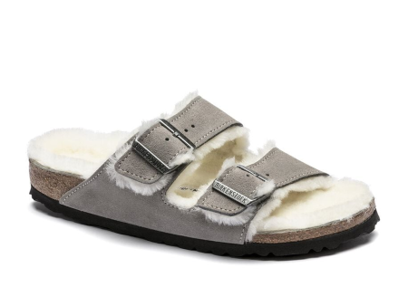 Birkenstock Arizona Slide Sandal (Women) - Stone Coin Suede Natural Shearling Fashion