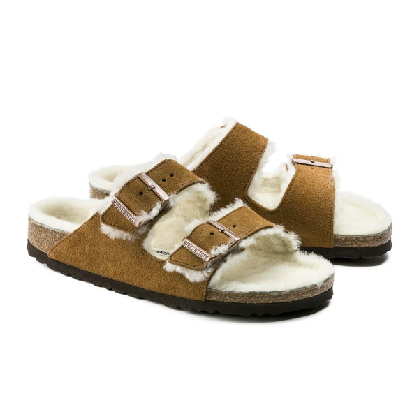 Birkenstock Arizona Slide Sandal (Women) - Mink Suede Natural Shearling Sale