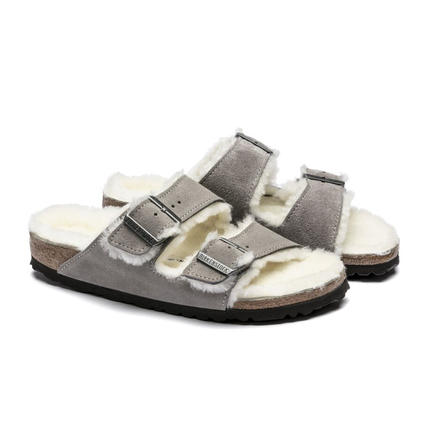 Birkenstock Arizona Slide Sandal (Women) - Stone Coin Suede Natural Shearling Fashion