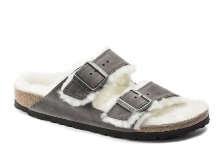 Birkenstock Arizona Slide Sandal (Women) - Iron Nubuck Natural Shearling For Sale